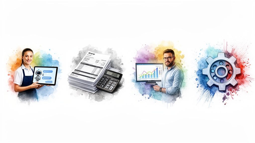 Four images illustrating business processes: AI chatbot, accounting, data analysis, and a large gear.