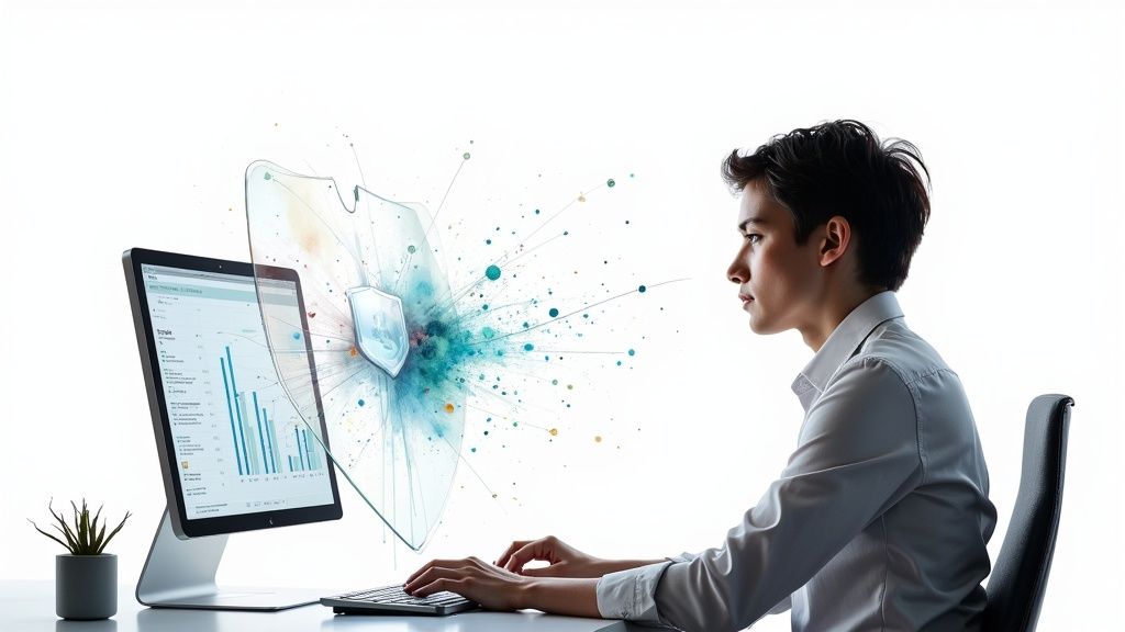 Young professional uses a computer with a glowing digital shield representing data protection and security.