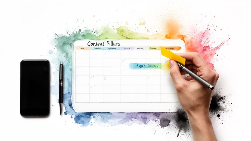 Hand writing on a "Content Pillars" calendar with a "Buyer Journey" note, next to a phone.