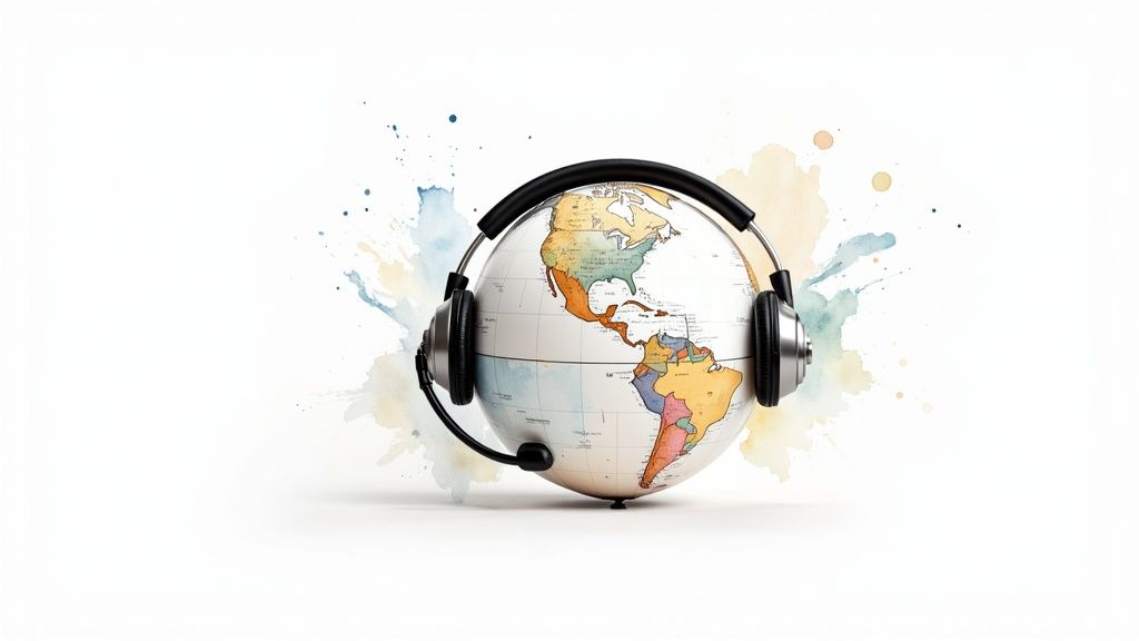 Globe wearing headset representing global virtual assistant services and worldwide remote customer support