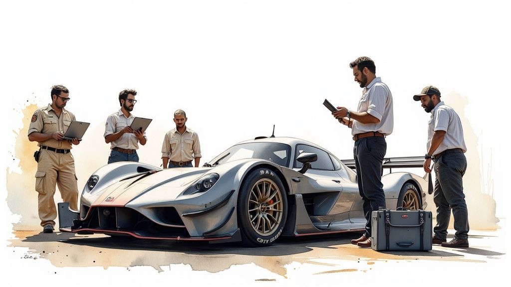 Five men, possibly engineers, meticulously inspecting a sleek silver sports car with laptops and tablets.