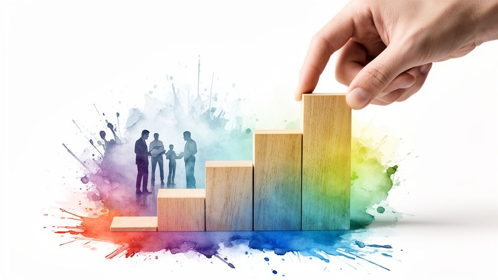A hand adds a wooden block to a growing staircase, symbolizing business growth and teamwork.