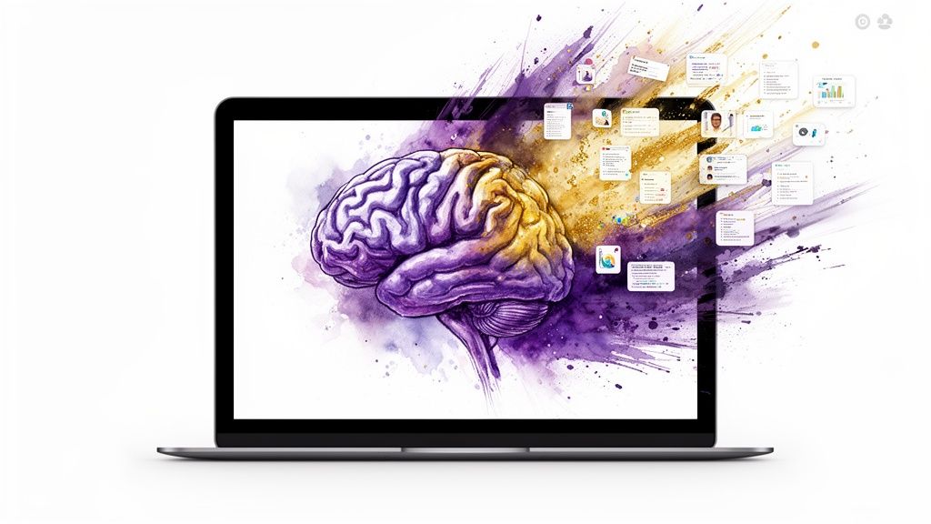 A vibrant, abstract brain on a laptop screen with digital information and ideas exploding.