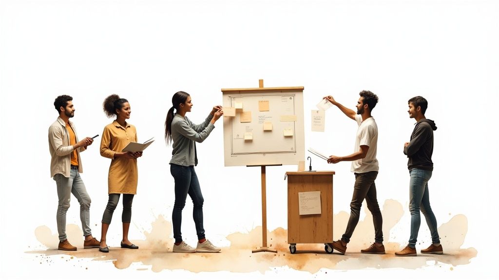 A diverse team collaborates, brainstorming ideas on a whiteboard with sticky notes, illustrating teamwork.