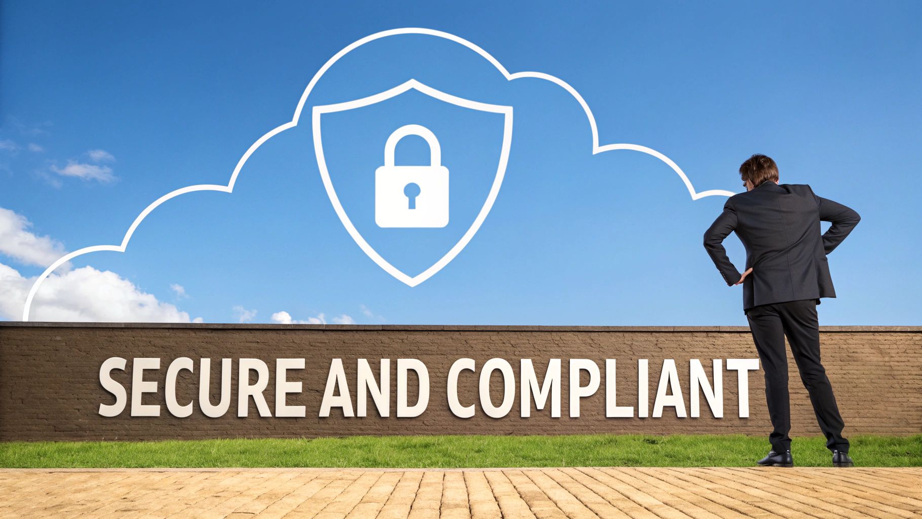 A man looks at a cloud outline with a shield and padlock icon, with text 'SECURE AND COMPLIANT'.