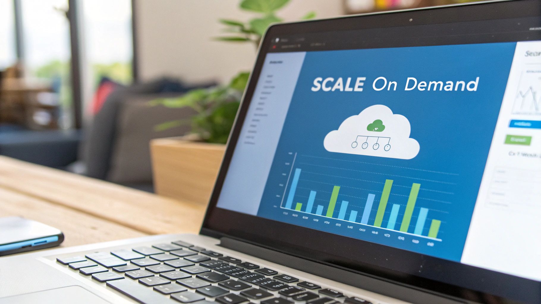 A laptop displays a cloud computing dashboard with 'SCALE On Demand' text and data charts.