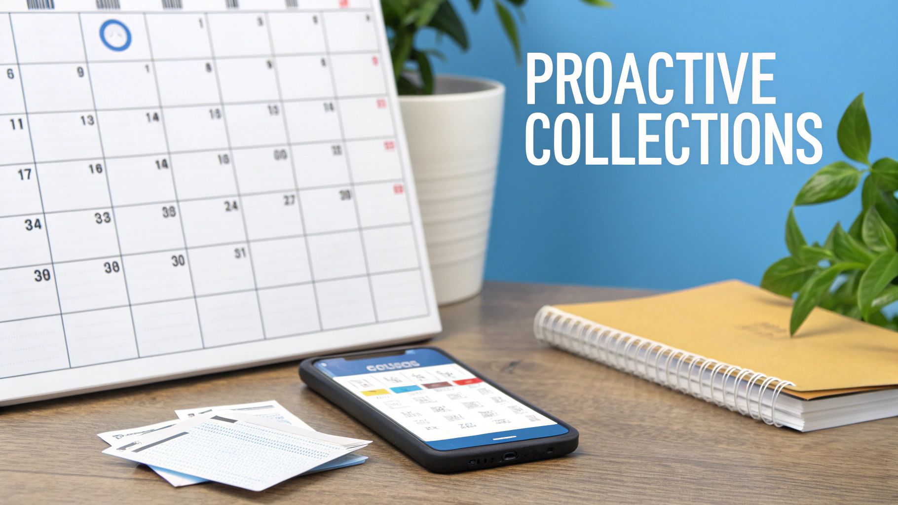Desk setup with a calendar, smartphone showing a collections app, notebook, and 'PROACTIVE COLLECTIONS' text.