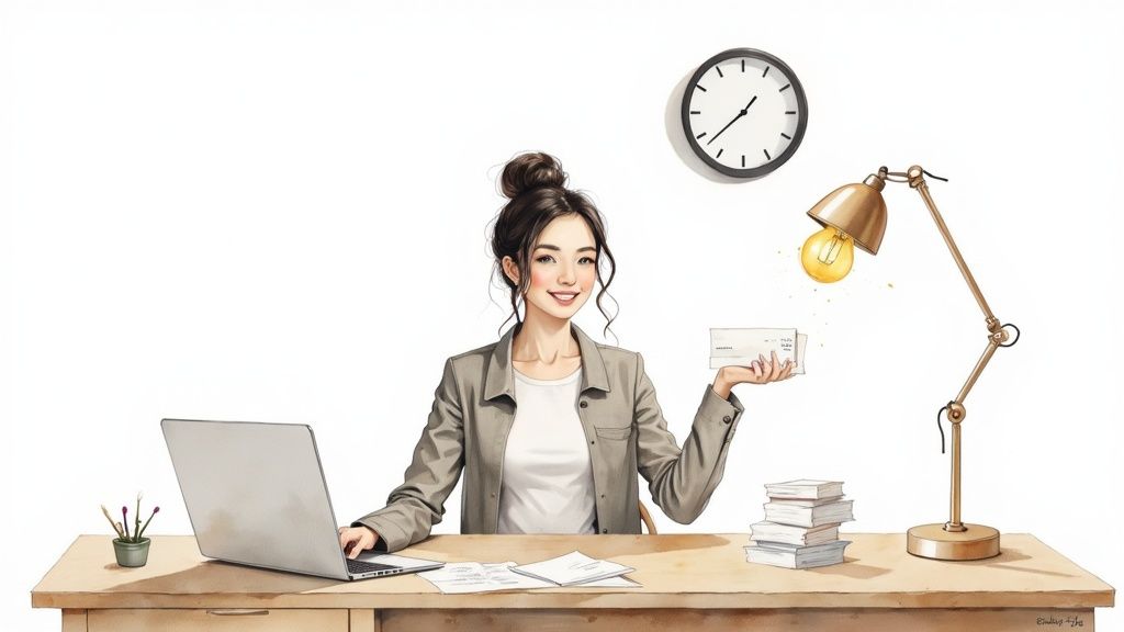 A smiling woman works efficiently at a clean desk with a laptop and papers.