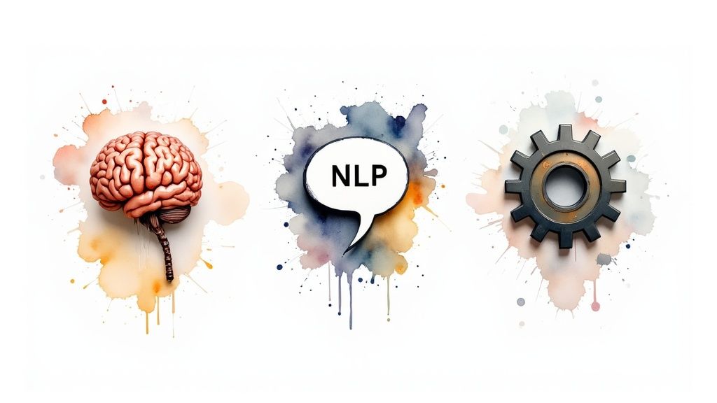 A brain, an NLP speech bubble, and a gear on watercolor splashes represent Natural Language Processing.