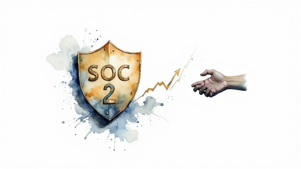 SOC 2 compliance shield with upward growth arrow symbolizing secure business standards