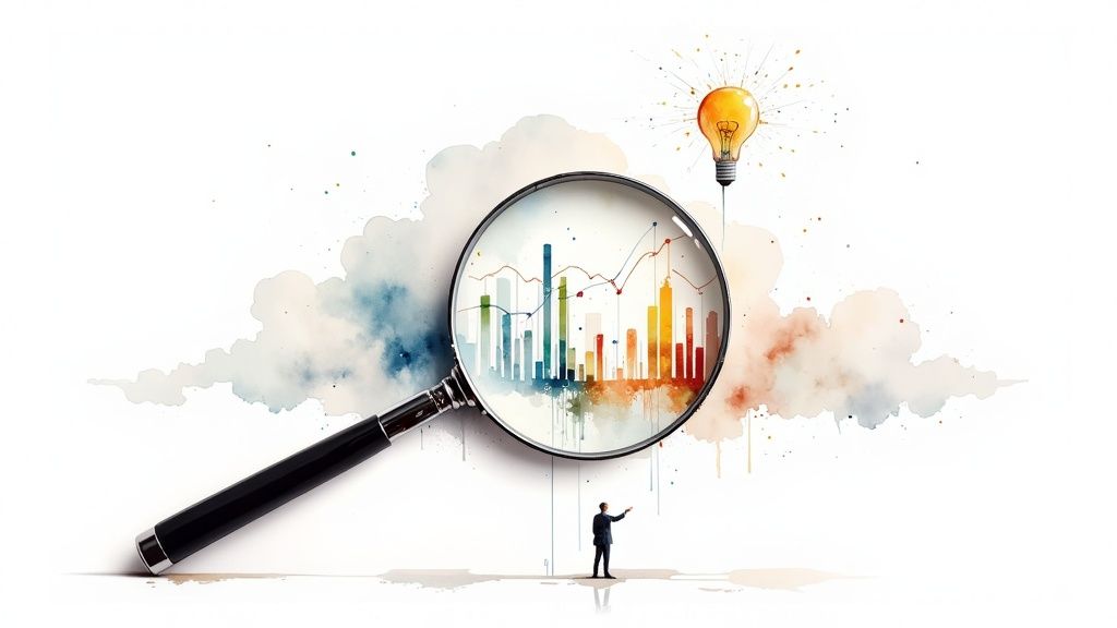 A magnifying glass reveals colorful business data bars and lines, a businessman points, with a lightbulb idea.