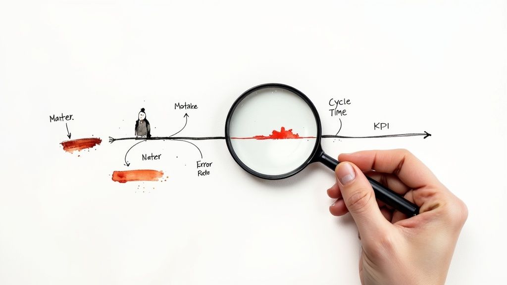 A hand holding a magnifying glass over a business process diagram showing factors, errors, and KPIs.