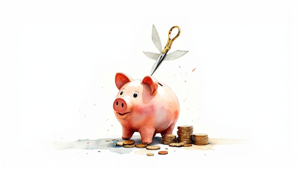 A watercolor illustration of a pink piggy bank being cut open by scissors, surrounded by coins.