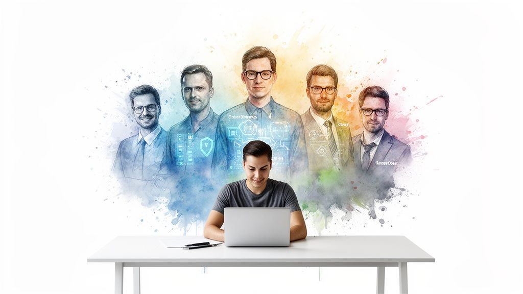A young man works on a laptop at a desk, with a diverse team of digital professionals illustrated above him.
