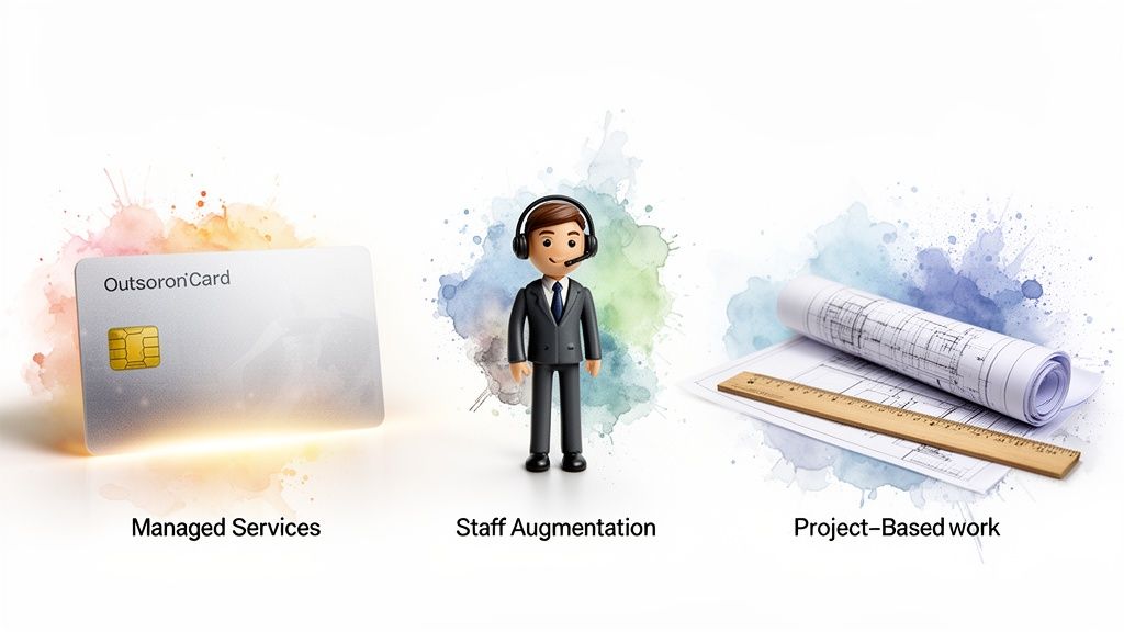Visual representation of IT outsourcing solutions: Managed Services (credit card), Staff Augmentation (support figure), and Project-Based work (blueprints).