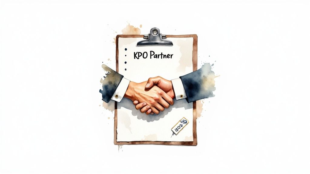 Watercolor painting of a business handshake over a clipboard labeled 'KPO Partner' symbolizing collaboration.