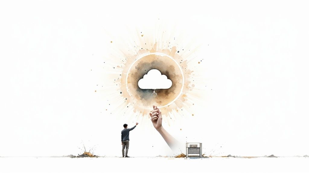 A person and a giant hand reach for a cloud icon with a key, symbolizing cloud security.
