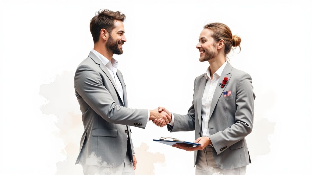 Two smiling businessmen in grey suits shaking hands, one holding a blue clipboard.
