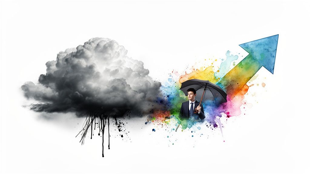 A businessman with an umbrella transitions from a dark storm cloud to a vibrant, upward growth arrow.