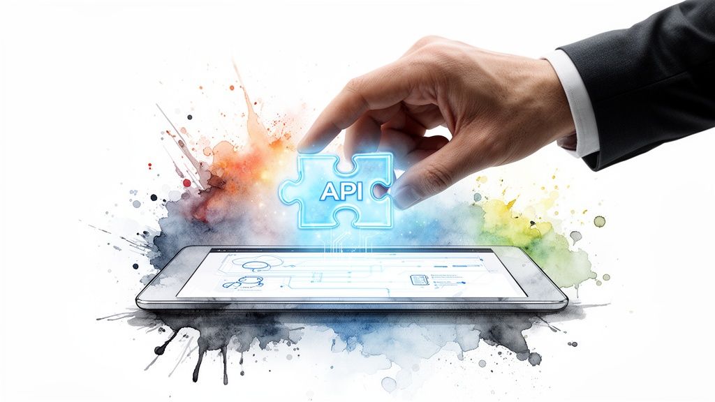 A hand places a glowing API puzzle piece onto a tablet with circuit designs, amidst colorful watercolor splashes.
