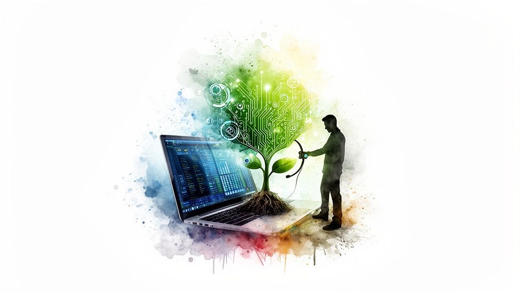 Silhouette of a man watering a circuit board tree growing from a laptop, symbolizing sustainable technology.