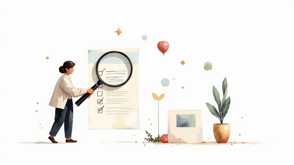 A person uses a magnifying glass to meticulously review a checklist with several checked items.