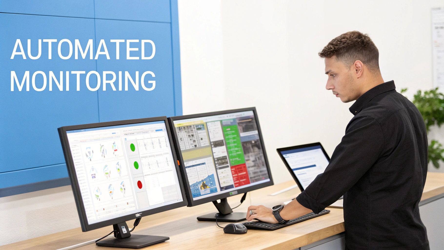 A man monitors multiple computer screens displaying data and charts with a blue wall stating “Automated Monitoring”.