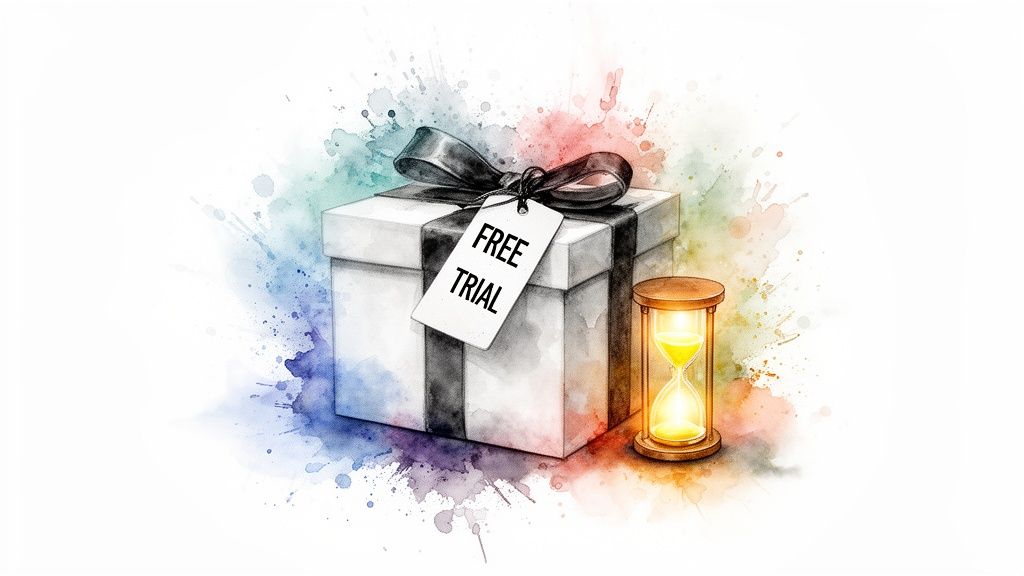 A watercolor illustration of a gift box with a 'FREE TRIAL' tag and a glowing hourglass.