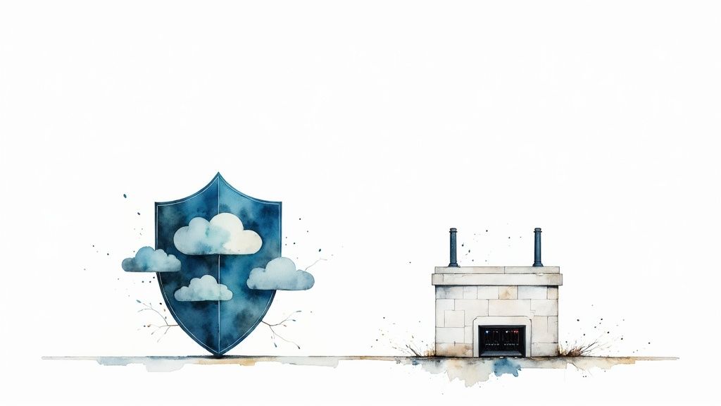 Watercolor illustration depicting a blue shield with clouds, representing cloud security, next to a building with network equipment.