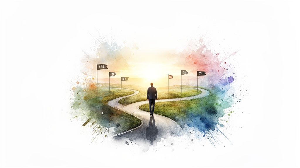 A businessman walks on a winding path towards a bright sunrise, marked by flags representing different choices.