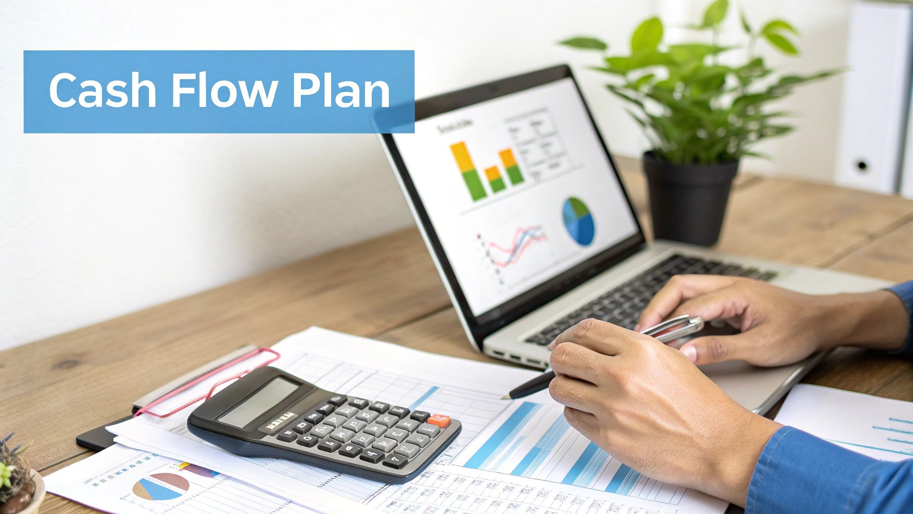 Person analyzing a cash flow plan on a laptop, documents, and calculator on a wooden desk.