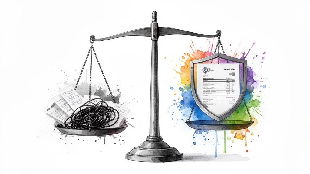 Scales balancing messy papers and tangled cables against an organized shielded document with colorful splashes.