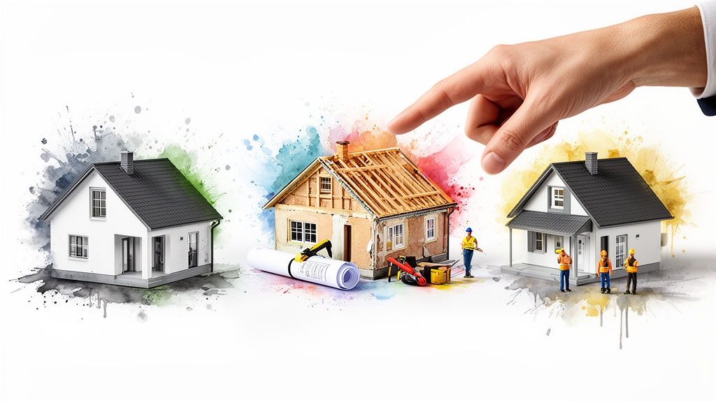 A hand points at a house model under construction, alongside finished homes with workers, illustrating building options.