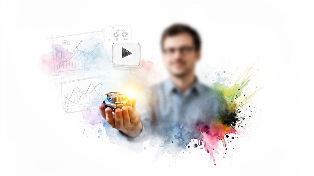 A blurred man holds a glowing tech device amidst creative data visualizations and colorful watercolor splashes.