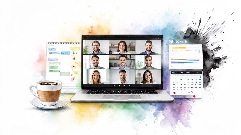 A laptop displays a video conference with nine people, surrounded by calendars, a flowchart, and a coffee cup.