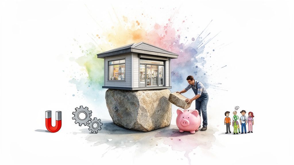 A man builds savings for a small business, supported by a magnet, gears, and customers.