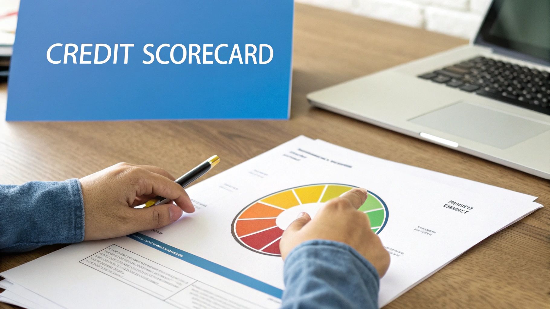 A person analyzing a credit scorecard document with a colorful pie chart, next to a 'CREDIT SCORECARD' sign.
