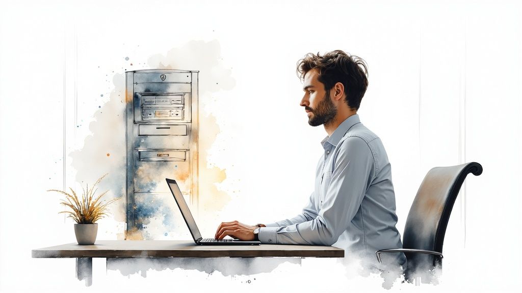 A man works on a laptop at a desk with a server rack and plant, symbolizing IT support.