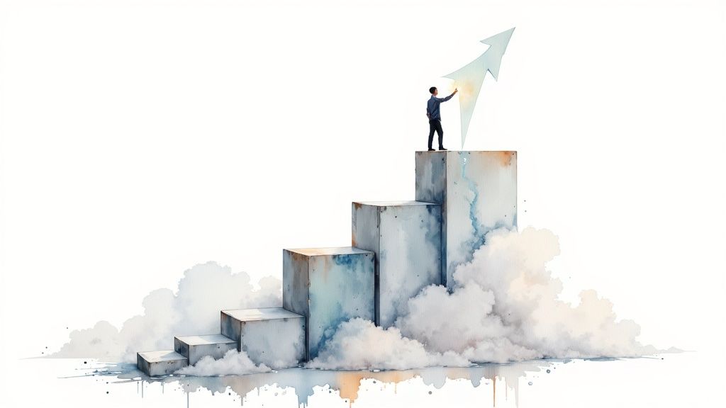 A man stands on top of watercolor steps, touching a glowing upward arrow, symbolizing growth.