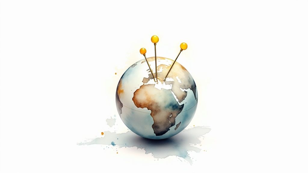 Watercolor globe with three golden pushpins highlighting locations on Europe and Africa, symbolizing global reach.