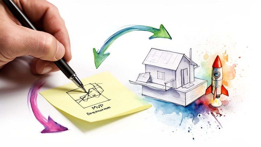 A hand sketches a product plan on a sticky note, flowing into a watercolor house and a launching rocket, symbolizing business innovation.