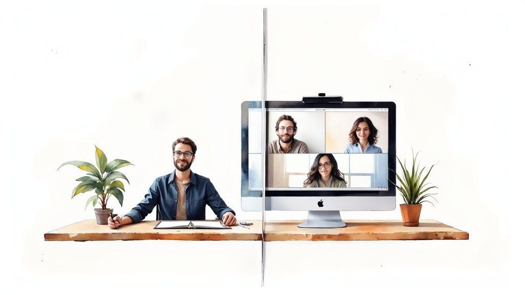 A man works at a desk with plants, while a computer displays a video conference with three colleagues.