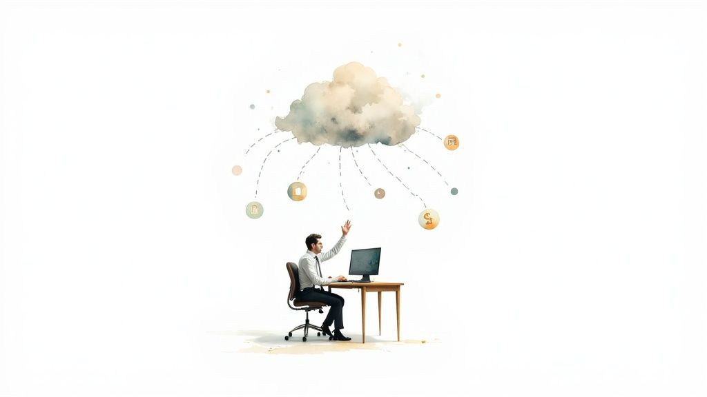 A man at a desk reaches for a cloud, symbolizing cloud computing and digital data access.