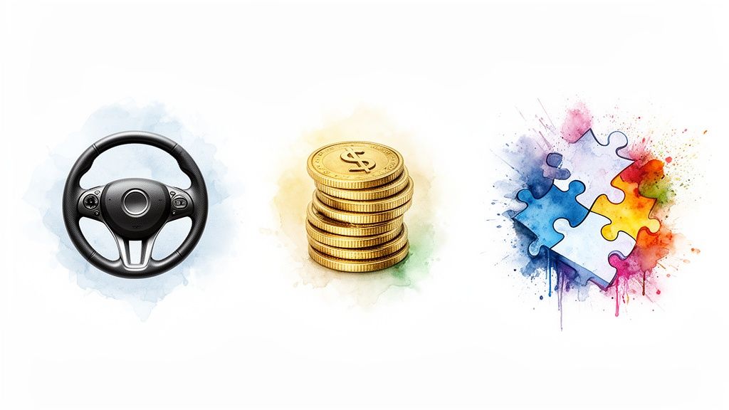 Steering wheel, stack of gold coins, and colorful puzzle pieces with watercolor splashes.