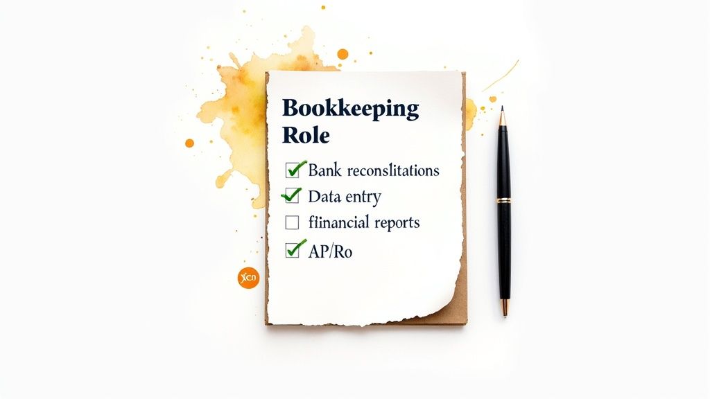 Bookkeeping role checklist with bank reconciliations, data entry, and accounts payable tasks checked off