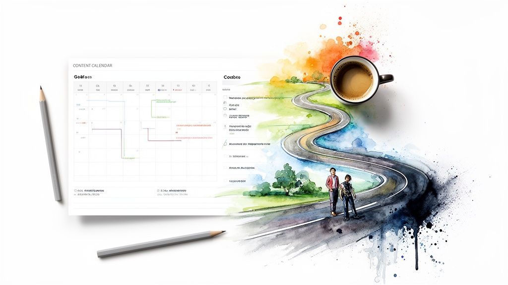 A content calendar document with pencils, blending into a watercolor illustration of a winding road, coffee, and two people.