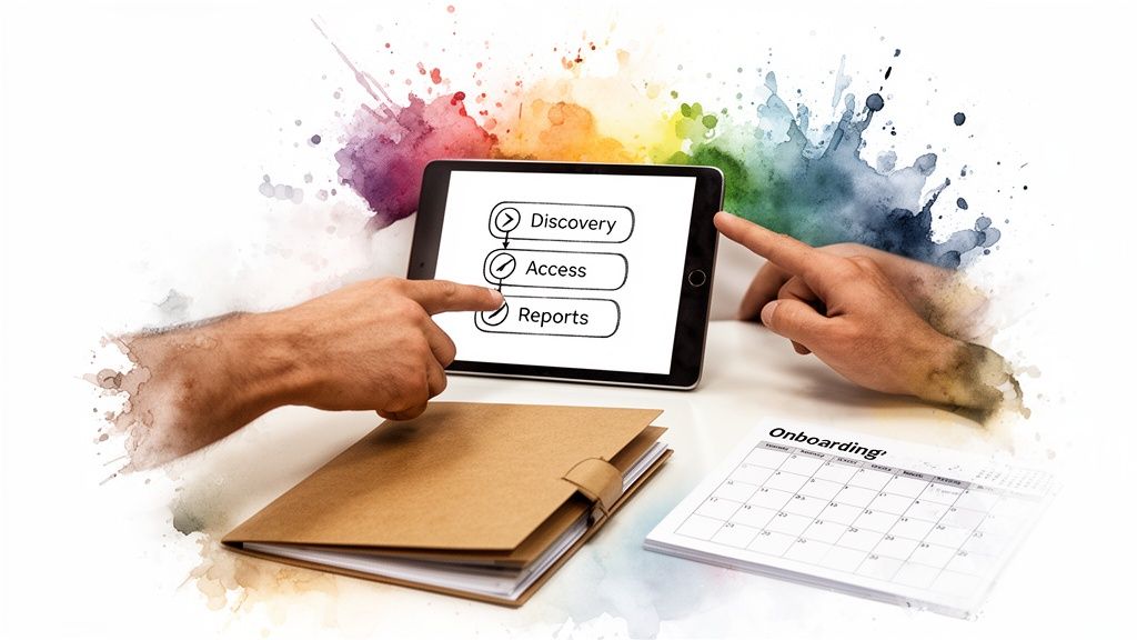 Hands interact with a tablet displaying Discovery, Access, Reports process, with an onboarding calendar.