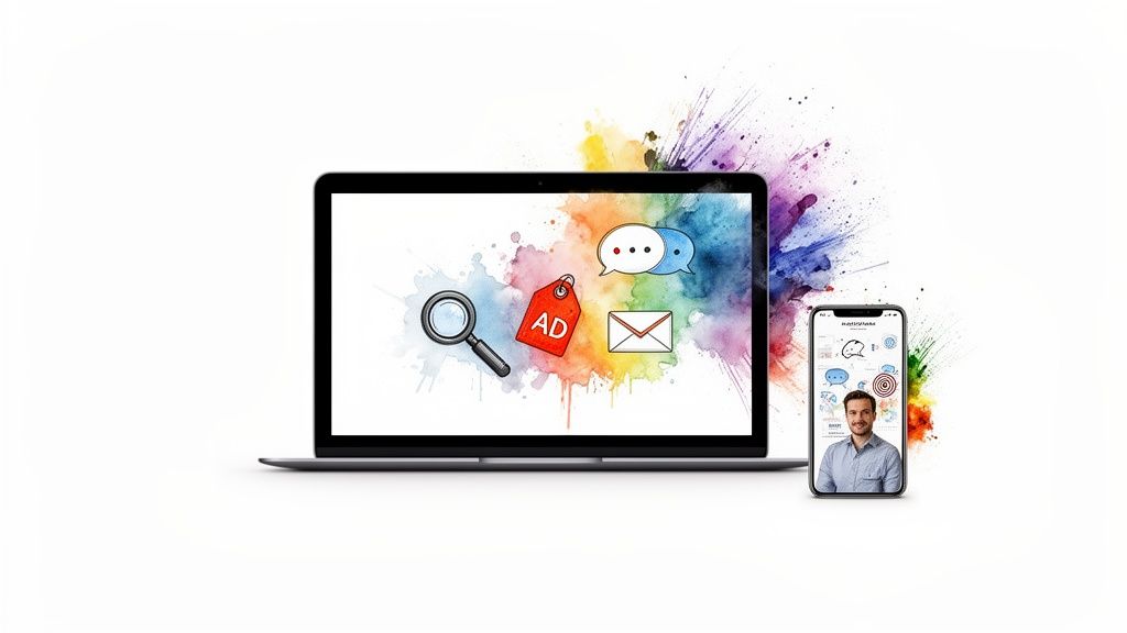 Digital marketing concepts displayed on a laptop and smartphone, with vibrant watercolor splashes.