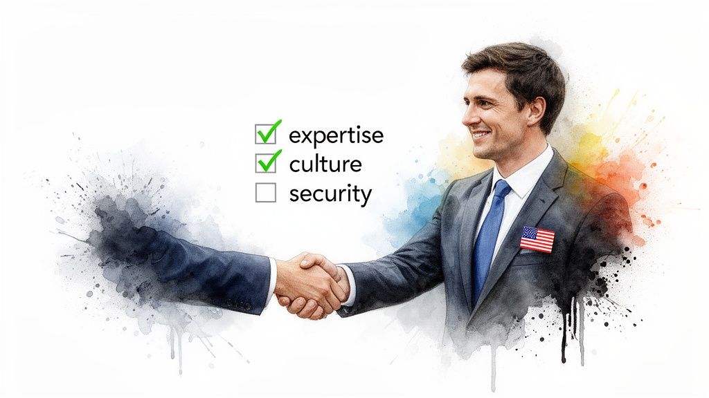 Two men in suits shaking hands, with 'expertise' and 'culture' checked, 'security' unchecked.