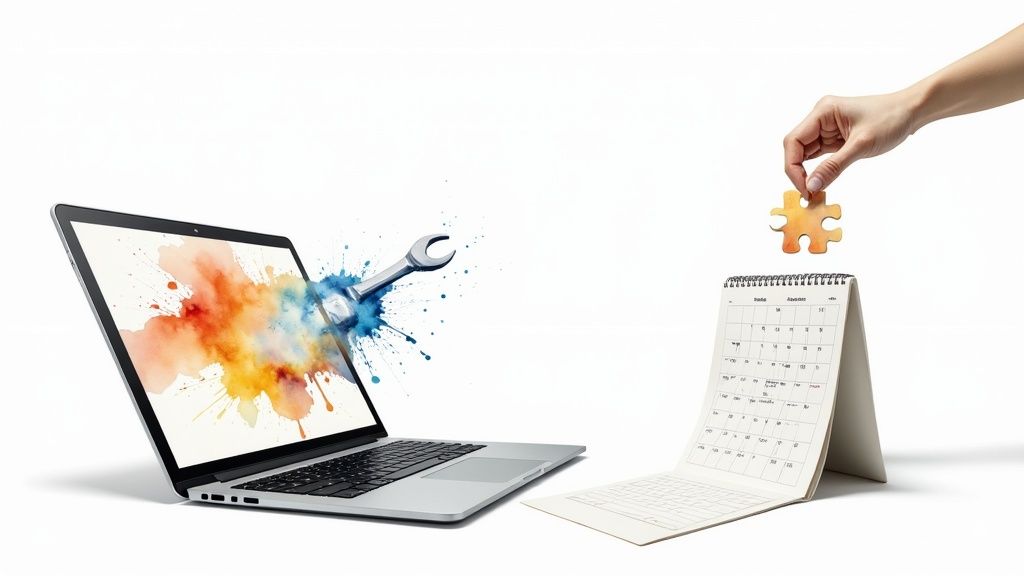 Laptop with colorful paint splash and wrench for repair, a hand adds a puzzle piece to a calendar.